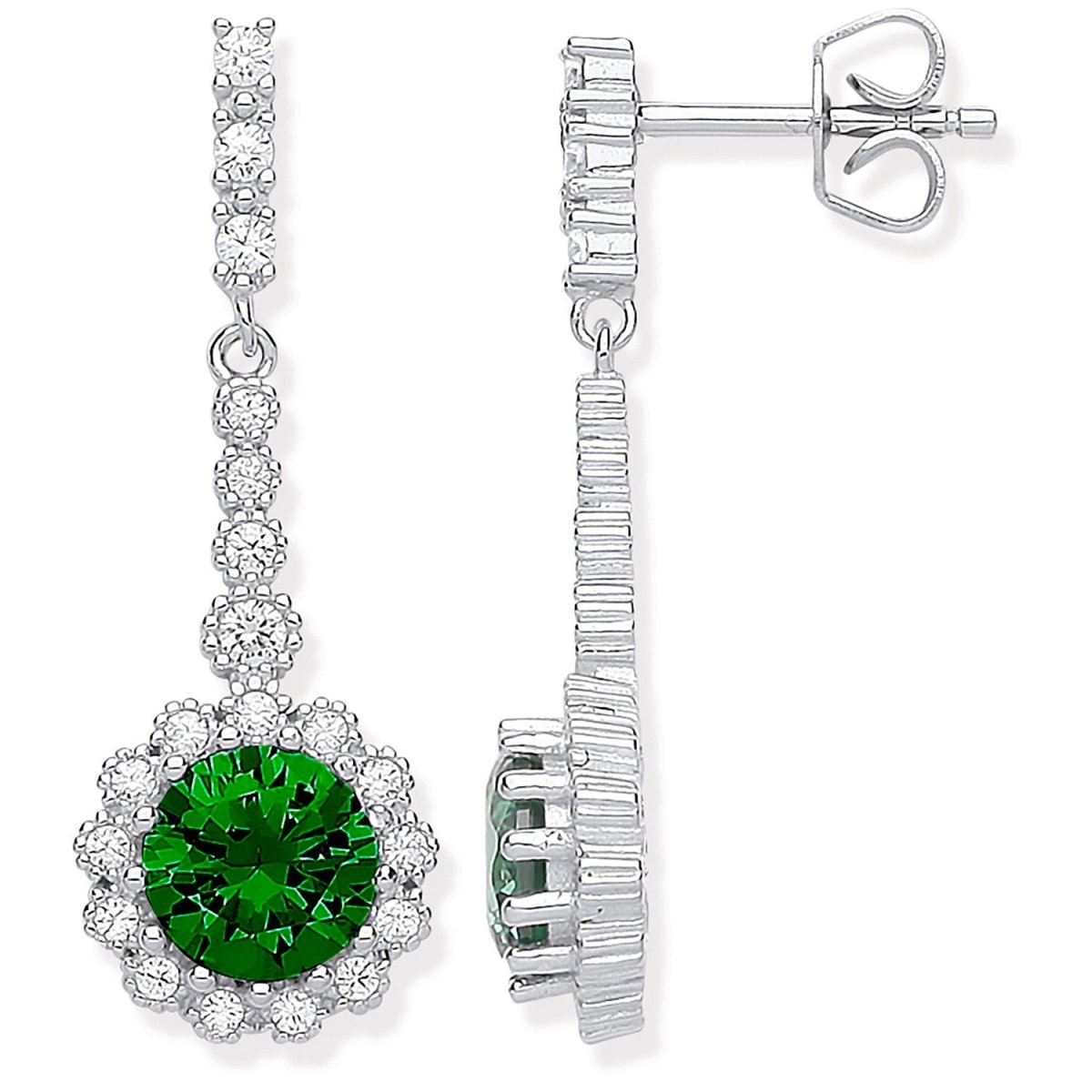 Sterling Silver Round Green CZ Long Drop Earrings - Samuel Perry