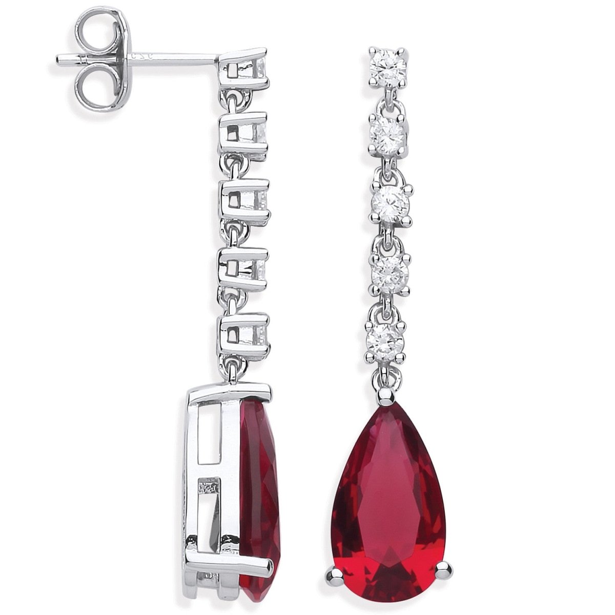 Sterling Silver Ruby Red Pear Shape CZ Drop Earrings - Samuel Perry