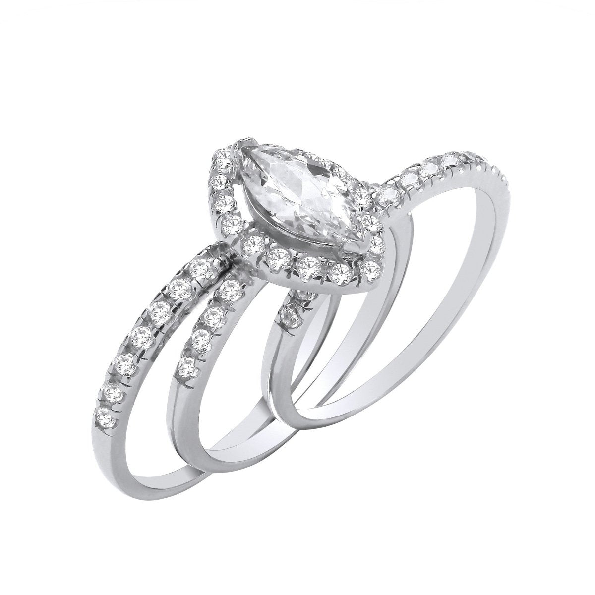 Sterling Silver Sleek Bridal Set Marquise Halo CZ Half ET 3 Rings - Samuel Perry