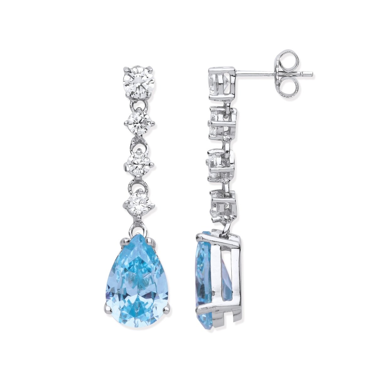 Sterling Silver Sleek Clear & Aquamarine Colour CZs Long Drop Earrings - Samuel Perry