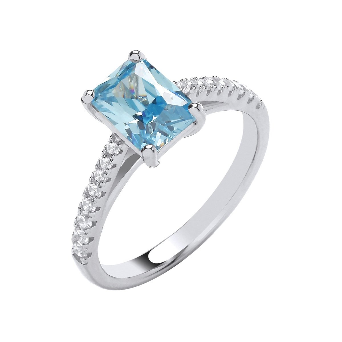 Sterling Silver Sleek Emerald Blue CZ Solitaire Ring - Samuel Perry