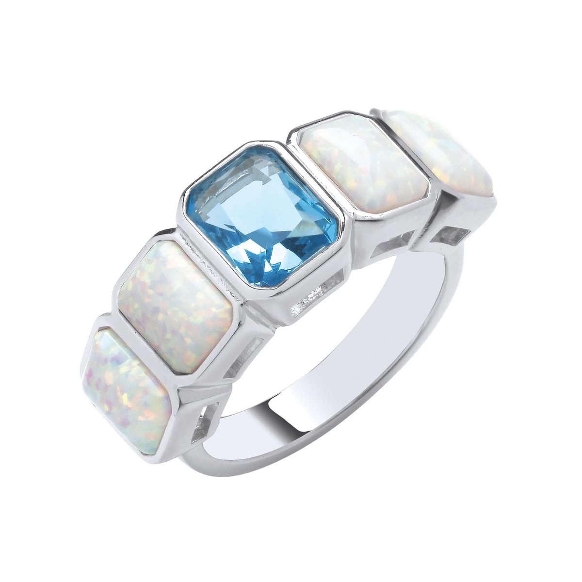 Sterling Silver Sleek Opal & Blue CZ Stones Ring - Samuel Perry