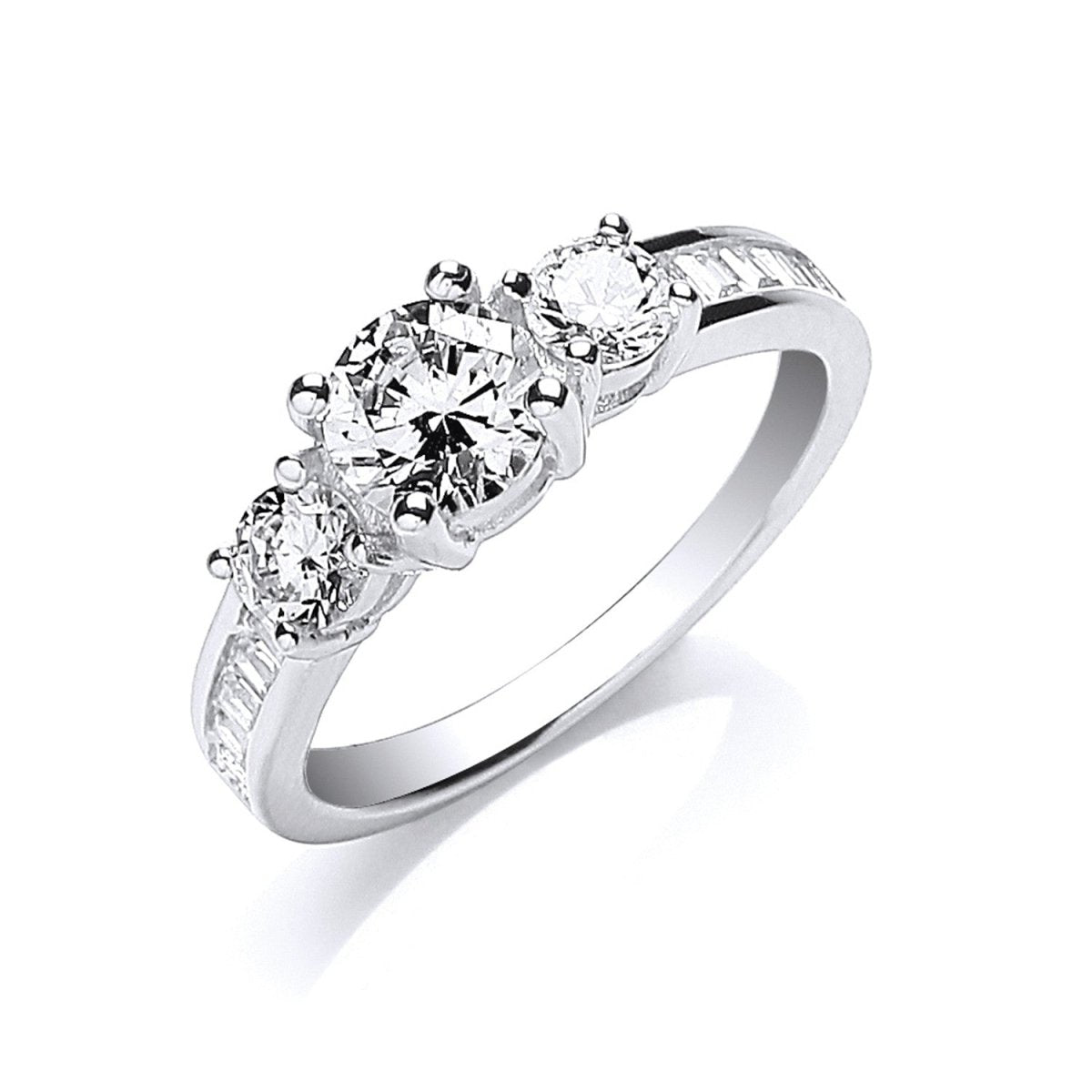 Sterling Silver Trilogy Round Brilliant with Baguettes on Shoulder Ring - Samuel Perry